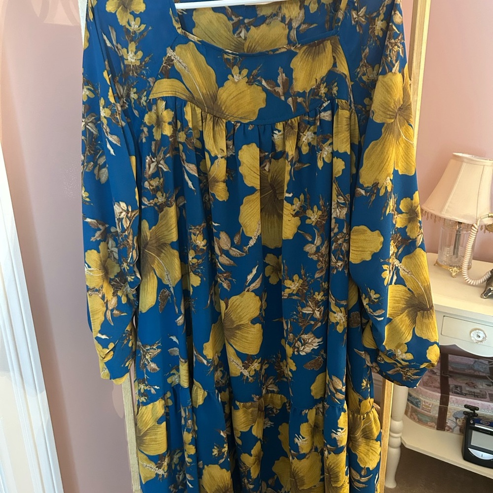 Floral Long Sleeve Flowy Loose Fit Dress - Blue and Yellow